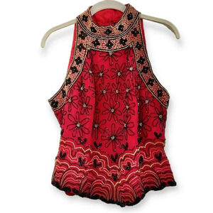Raga Chaudry Red Sleeveless Top Sz M Gold & Black Beaded High Neck Blouse